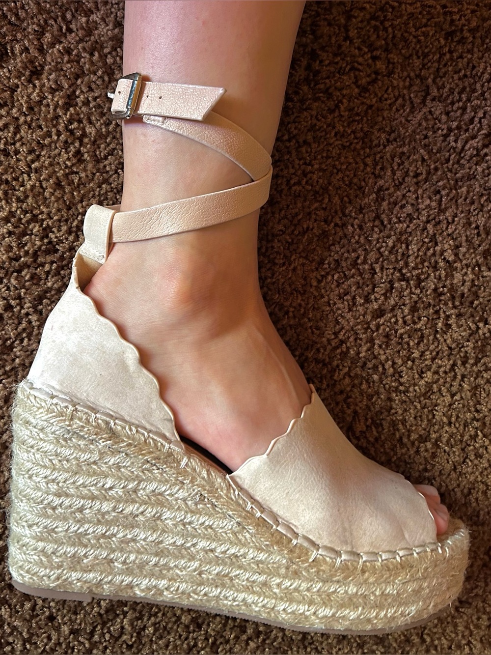 Jade Cream Scalloped Espadrille Wedge Sandals with Ankle Wrap